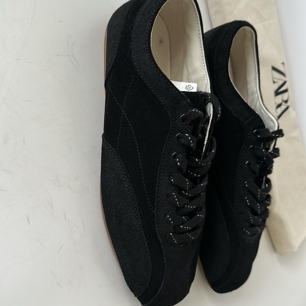 Zara Men's Retro Split Leather Black Sneakers - Picture 1 of 12